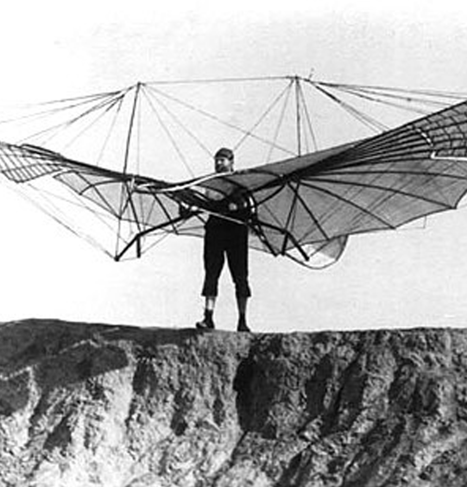 Historical photo of a primitive flying device at the Aero Club of Buffalo